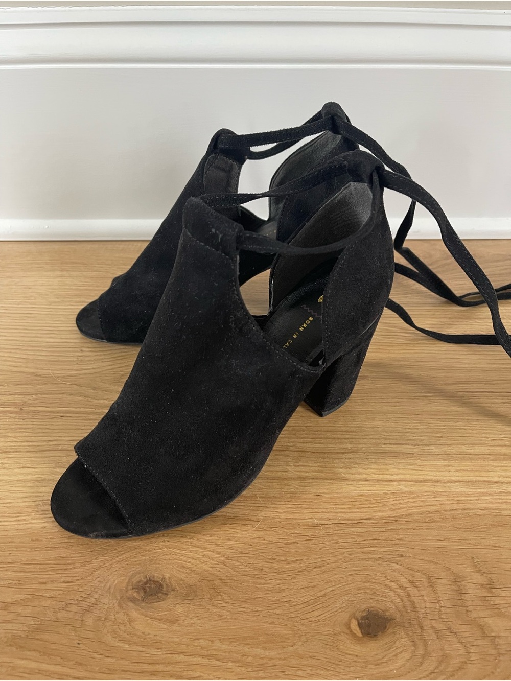 BC Footwear Black Suede Peep-Toe Lace-Up Block Heels